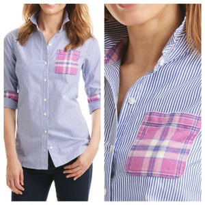 Blue & White Striped with Pink Plaid Pocket & Under-Cuffs Button-Down Shirt